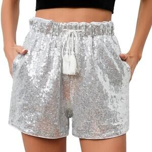 Breeze Ever NWT Women's Silver Sequin Lined High Waist Shorts Elastic LARGE